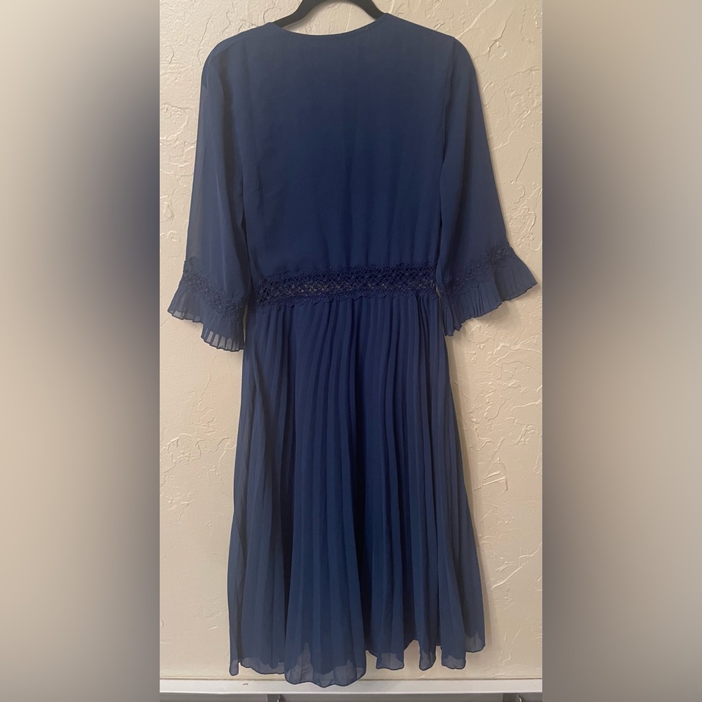 Floral Embroidered Navy Dress. Perfect for Wedding Guest. Sheer midriff. - Picture 2 of 7